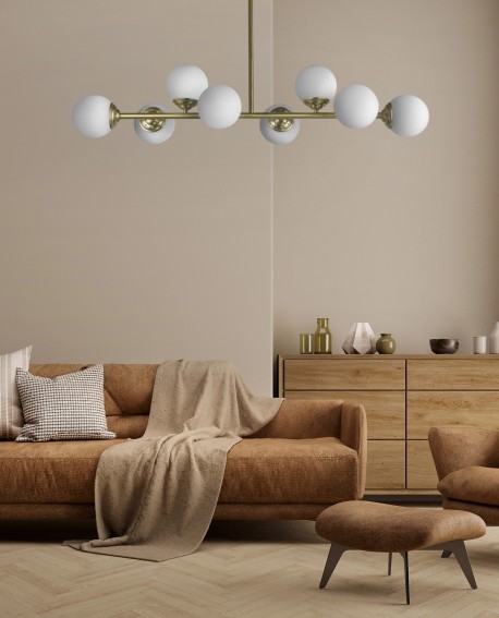 Wisząca lampa FINO W8 Lampit o mlecznobiałych kloszach w nowoczesnym salonie