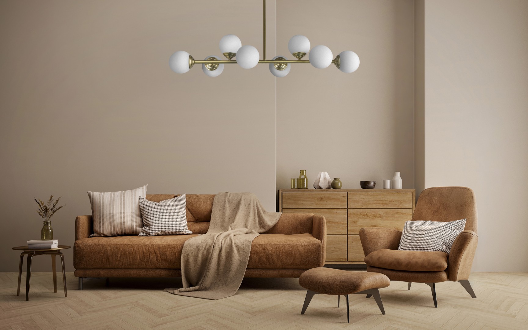 Wisząca lampa FINO W8 Lampit o mlecznobiałych kloszach w nowoczesnym salonie