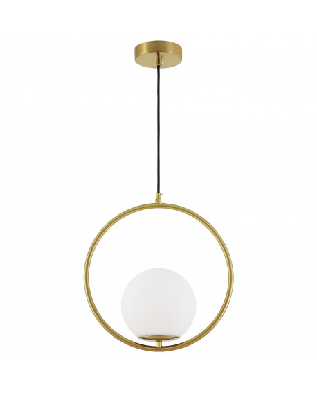 Nowoczesna lampa wisząca w szczotkowanym złocie z okrągłym pierścieniem i mleczną kulą – minimalistyczne oświetlenie do salonu.