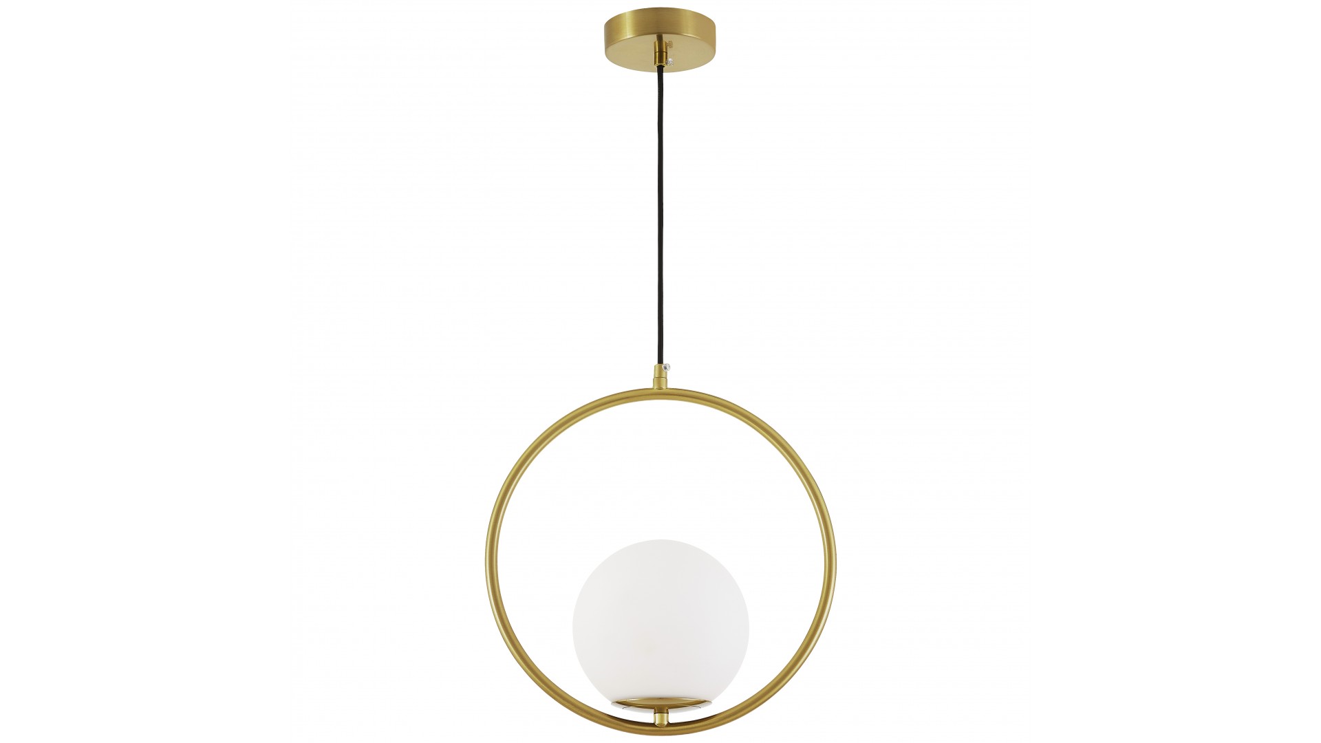 Nowoczesna lampa wisząca w szczotkowanym złocie z okrągłym pierścieniem i mleczną kulą – minimalistyczne oświetlenie do salonu.