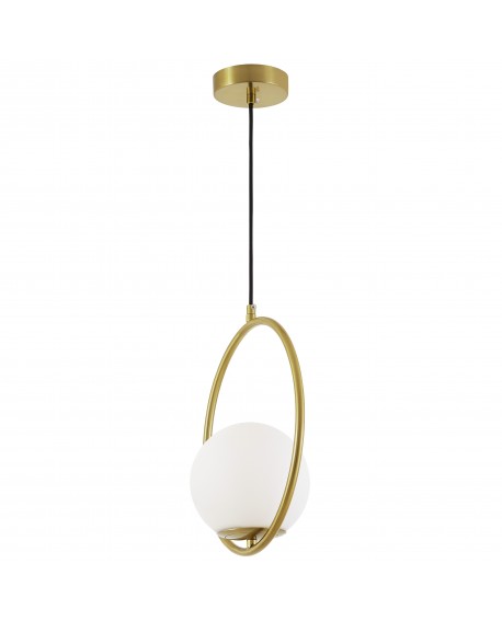Nowoczesna lampa wisząca VERO Lampit widoczna z boku ukazuje złotą obręcz i białą kulę