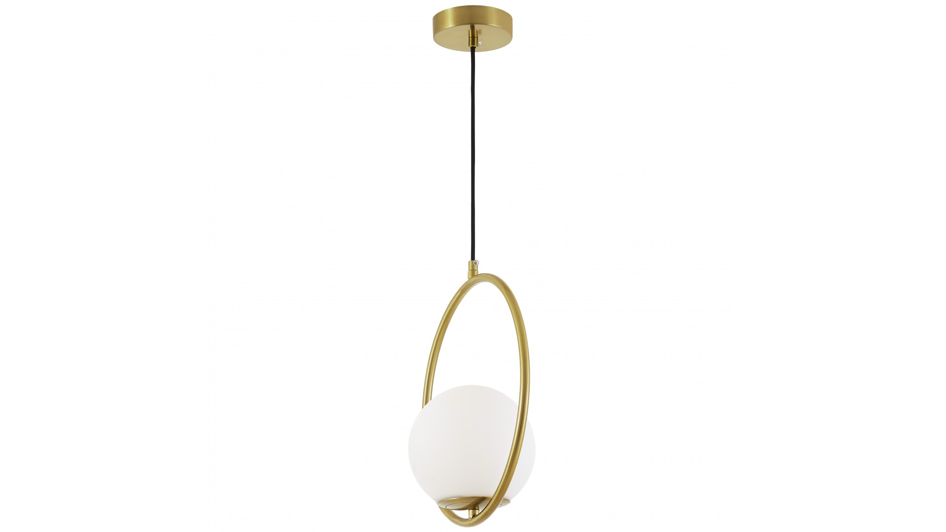 Nowoczesna lampa wisząca VERO Lampit widoczna z boku ukazuje złotą obręcz i białą kulę