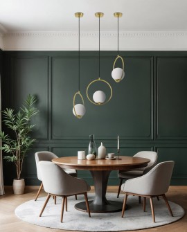 Jadalnia z elegancką lampą wiszącą VERO Lampit w kształcie pierścienia z białą kulą
