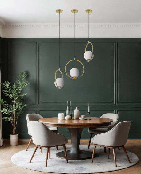 Jadalnia z elegancką lampą wiszącą VERO Lampit w kształcie pierścienia z białą kulą