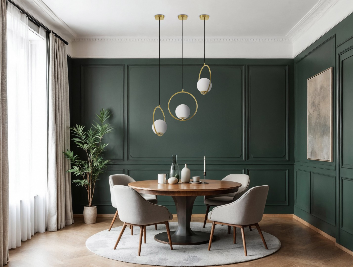 Jadalnia z elegancką lampą wiszącą VERO Lampit w kształcie pierścienia z białą kulą