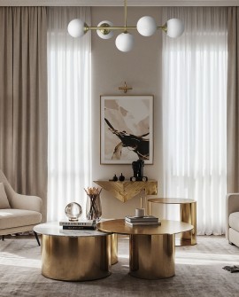 Elegancka złota lampa sufitowa Fino W5 Lampit z pięcioma mlecznymi kulami w aranżacji salonu