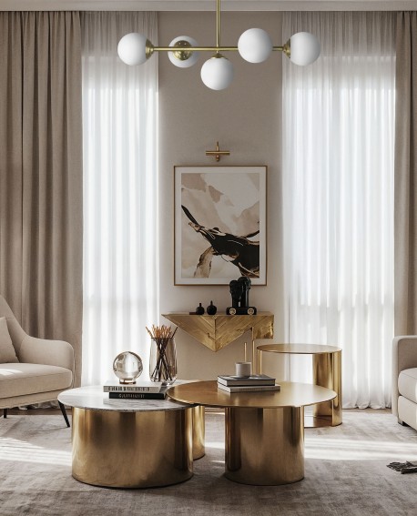 Elegancka złota lampa sufitowa Fino W5 Lampit z pięcioma mlecznymi kulami w aranżacji salonu