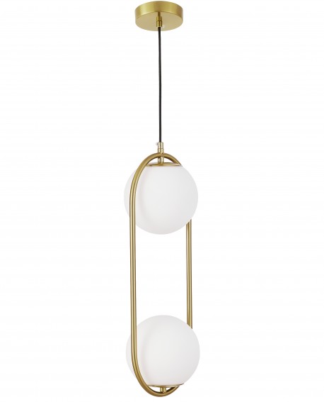 Elegancka lampa wisząca VERO firmy Lampit w odcieniu szczotkowanego złota z 2 białymi kloszami