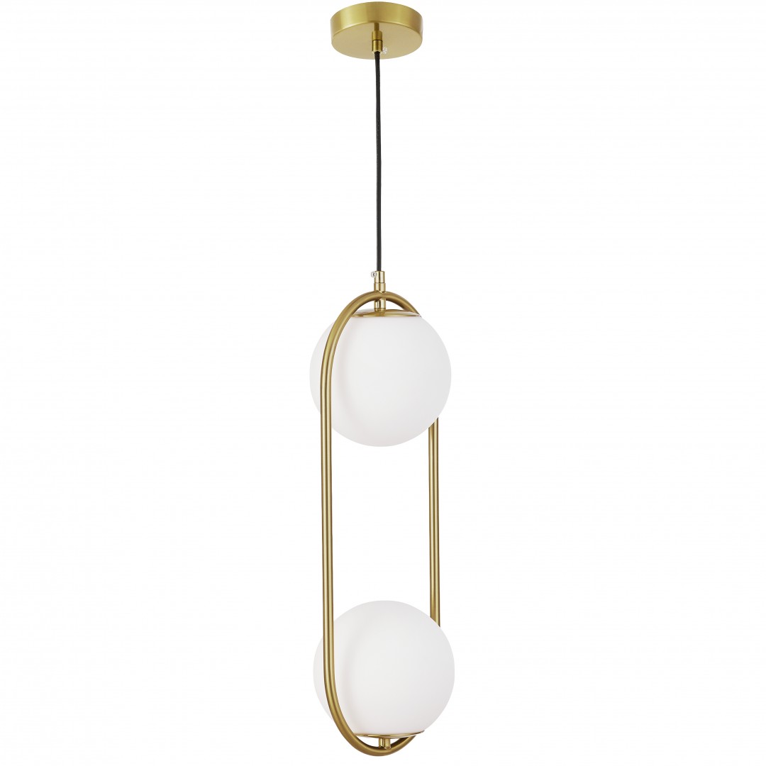 Elegancka lampa wisząca VERO firmy Lampit w odcieniu szczotkowanego złota z 2 białymi kloszami