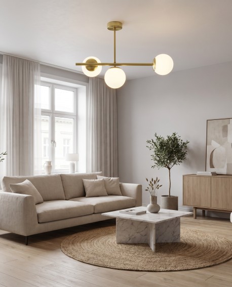 Stylowy żyrandol LEDO W3 Long Lampit zawieszony centralnie w jasnym salonie
