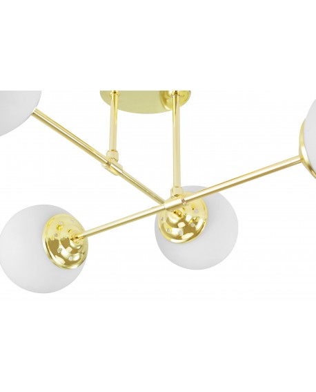 Złota lampa Fino 4, metalowy stelaż i mleczne białe kule, widok techniczny i detal konstrukcji