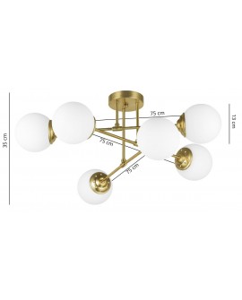  Duża lampa wisząca Lampit Fino w złotym matowym kolorze z sześcioma białymi kloszami kulami idealna do nowoczesnego salonu