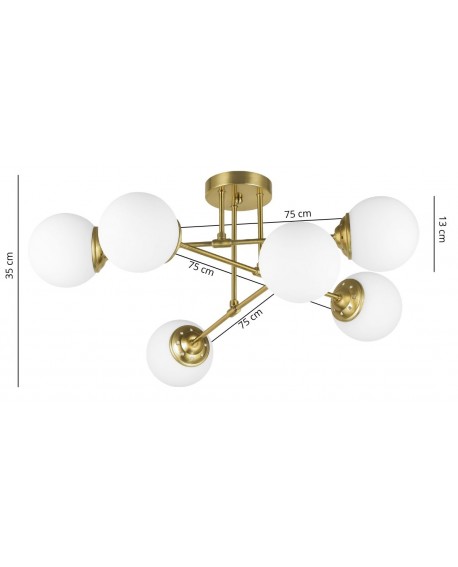  Duża lampa wisząca Lampit Fino w złotym matowym kolorze z sześcioma białymi kloszami kulami idealna do nowoczesnego salonu