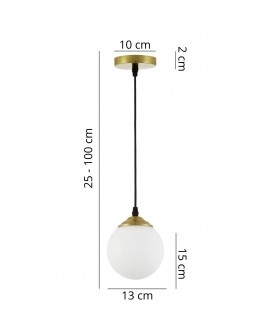 Wymiary wiszącej lampy Fino W1 LED ze szczotkowanym, złotym wykończeniem: regulacja wysokości 25–100 cm, średnica klosza 13 cm