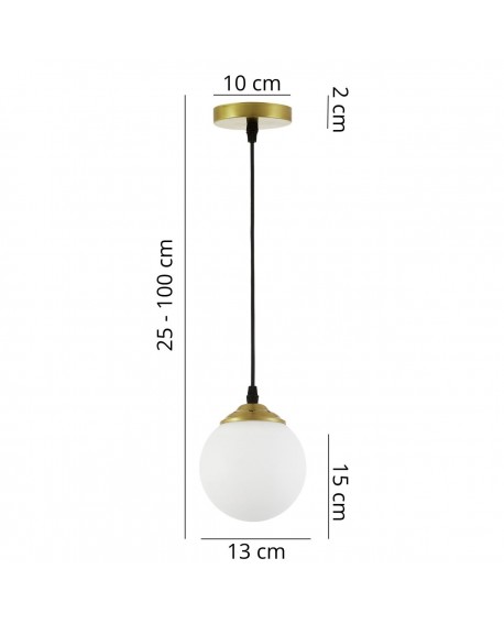 Wymiary wiszącej lampy Fino W1 LED ze szczotkowanym, złotym wykończeniem: regulacja wysokości 25–100 cm, średnica klosza 13 cm