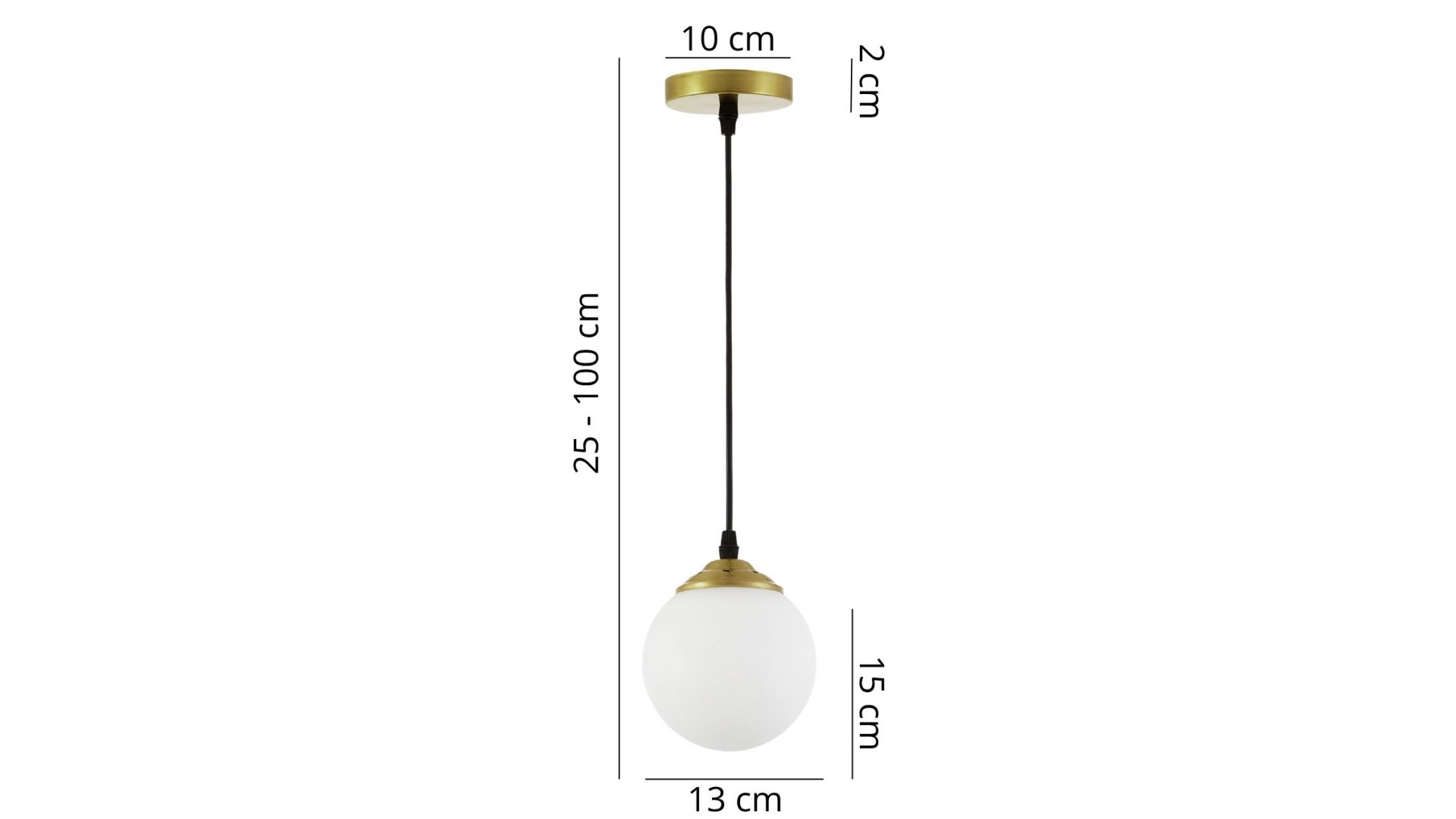Wymiary wiszącej lampy Fino W1 LED ze szczotkowanym, złotym wykończeniem: regulacja wysokości 25–100 cm, średnica klosza 13 cm