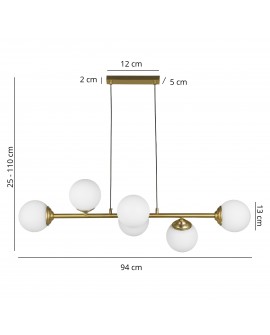 Lampa wisząca sufitowa złoto szczotkowane z sześcioma kulami FINO 6 LED od Lampit szerokość 94 cm regulacja 25 - 110 cm