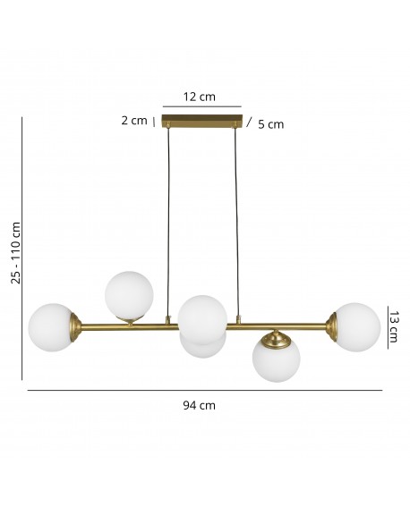 Lampa wisząca sufitowa złoto szczotkowane z sześcioma kulami FINO 6 LED od Lampit szerokość 94 cm regulacja 25 - 110 cm