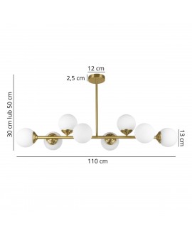 Lampa wisząca złoto szczotkowane z ośmioma białymi kulami szkło mleczne wymiary 110 cm wysokość 30 lub 50 cm Lampit model FINO 8