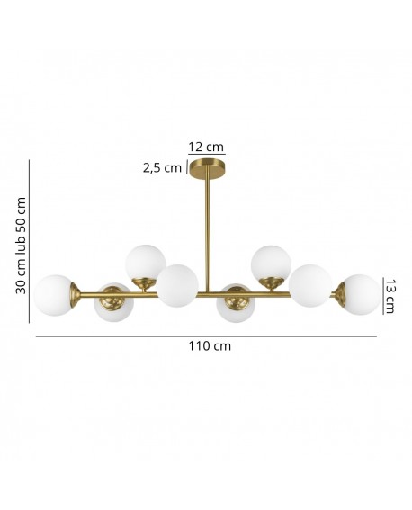 Lampa wisząca złoto szczotkowane z ośmioma białymi kulami szkło mleczne wymiary 110 cm wysokość 30 lub 50 cm Lampit model FINO 8