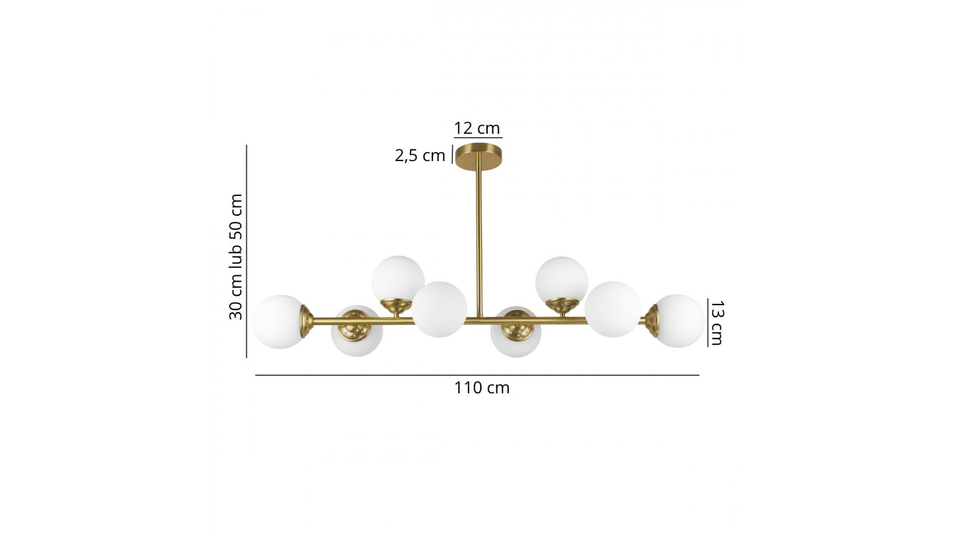 Lampa wisząca złoto szczotkowane z ośmioma białymi kulami szkło mleczne wymiary 110 cm wysokość 30 lub 50 cm Lampit model FINO 8