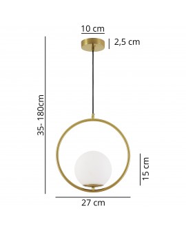 Nowoczesna matowo-złota lampa wisząca z okrągłą obręczą i białym kloszem, regulowana wysokość 35–180 cm