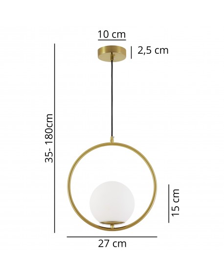 Nowoczesna matowo-złota lampa wisząca z okrągłą obręczą i białym kloszem, regulowana wysokość 35–180 cm