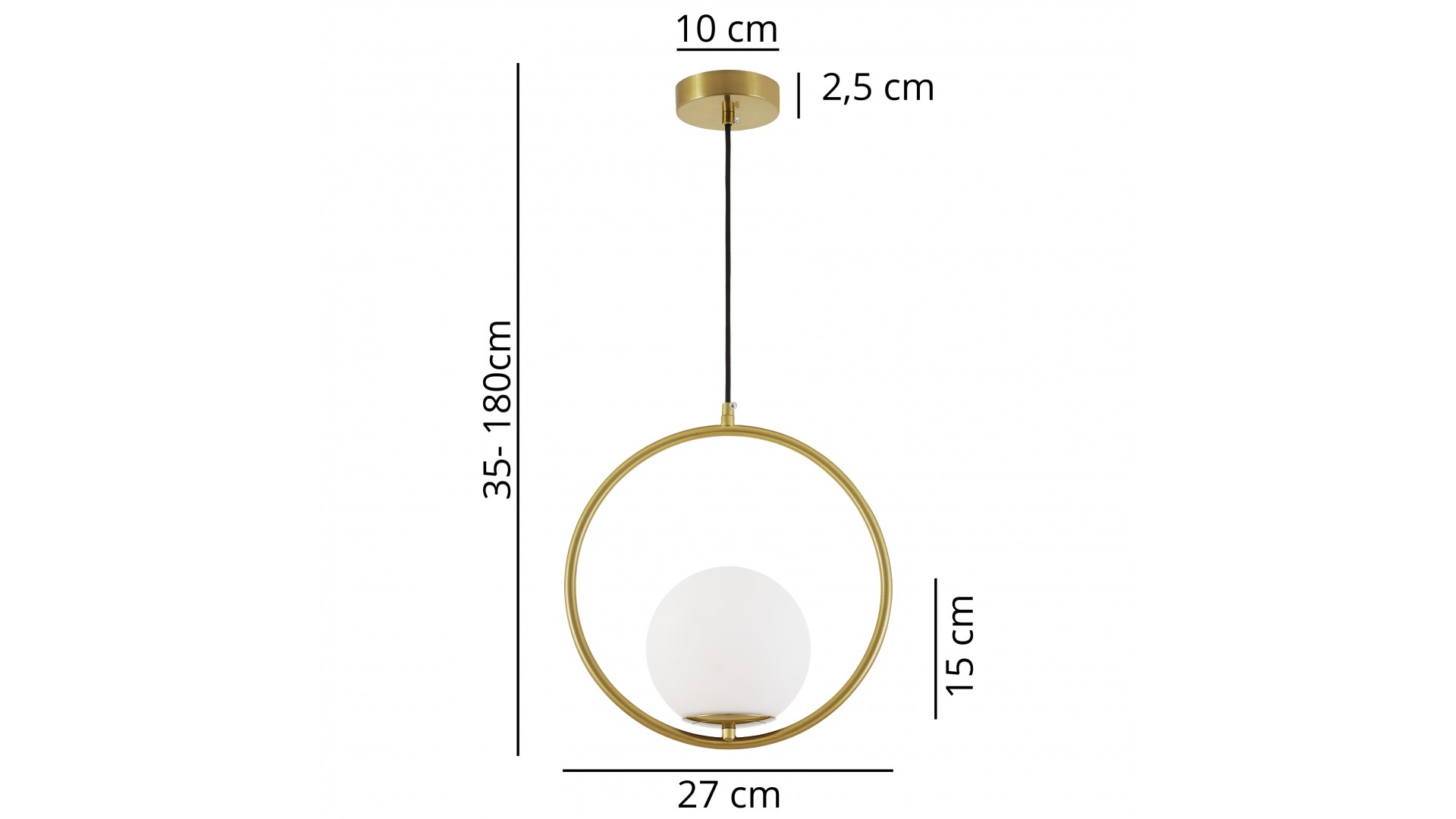 Nowoczesna matowo-złota lampa wisząca z okrągłą obręczą i białym kloszem, regulowana wysokość 35–180 cm