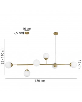 Złota lampa wisząca z 6 białymi kulami, wymiary 130 cm szerokości i 25–110 cm wysokości, nowoczesny design