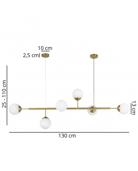 Złota lampa wisząca z 6 białymi kulami, wymiary 130 cm szerokości i 25–110 cm wysokości, nowoczesny design