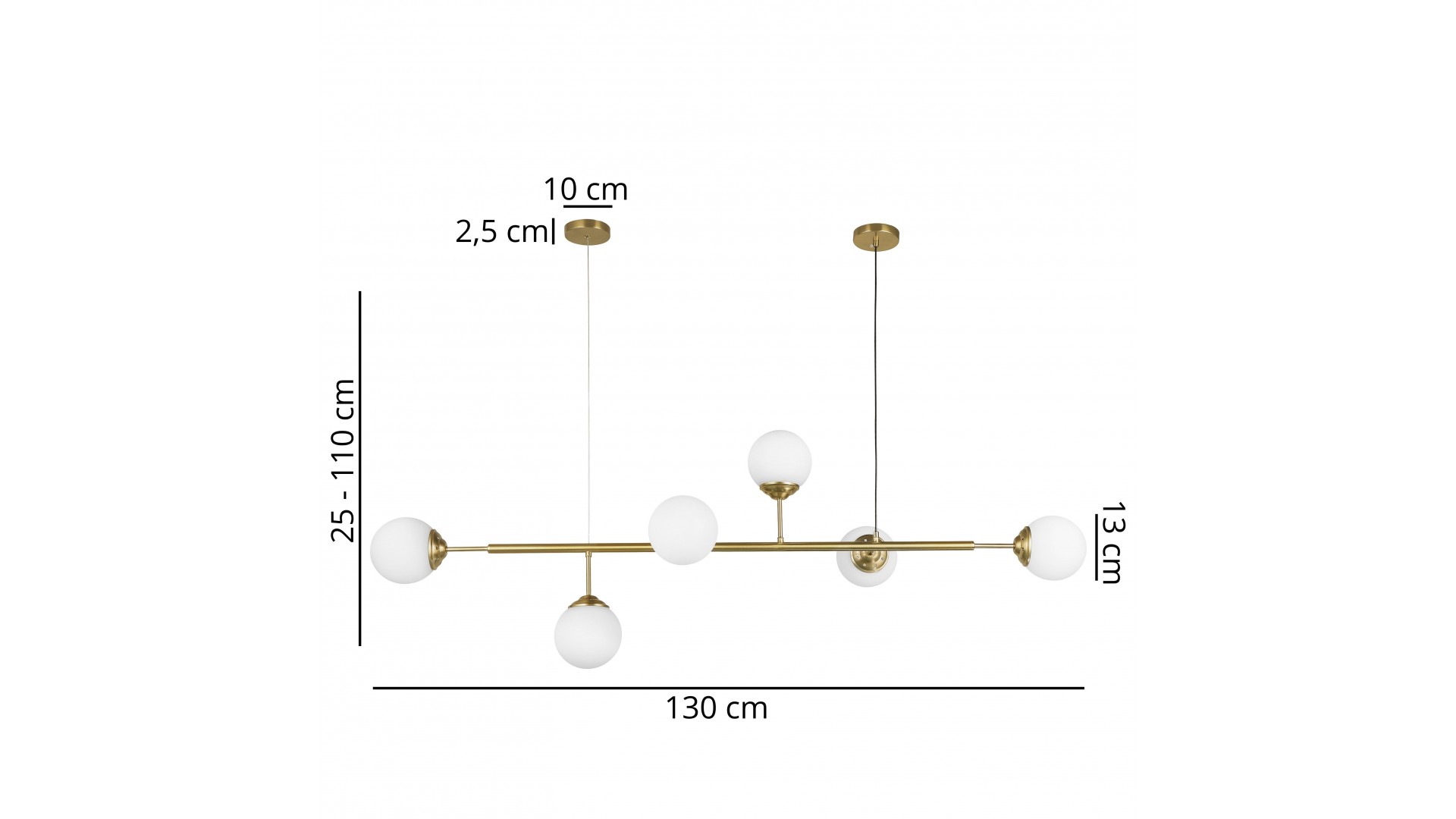 Złota lampa wisząca z 6 białymi kulami, wymiary 130 cm szerokości i 25–110 cm wysokości, nowoczesny design