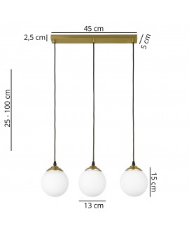 Elegancka lampa Fino W3 w szczotkowanym złocie z mlecznobiałymi kloszami – wymiary: 45 cm szerokości, wysokość regulowana 25–100