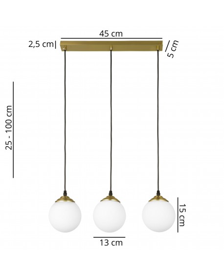 Elegancka lampa Fino W3 w szczotkowanym złocie z mlecznobiałymi kloszami – wymiary: 45 cm szerokości, wysokość regulowana 25–100