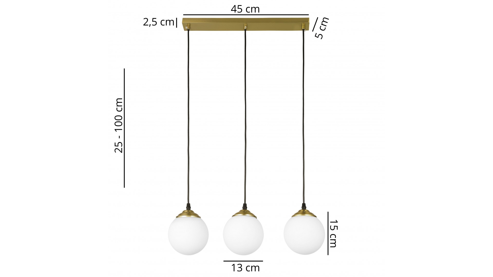 Elegancka lampa Fino W3 w szczotkowanym złocie z mlecznobiałymi kloszami – wymiary: 45 cm szerokości, wysokość regulowana 25–100