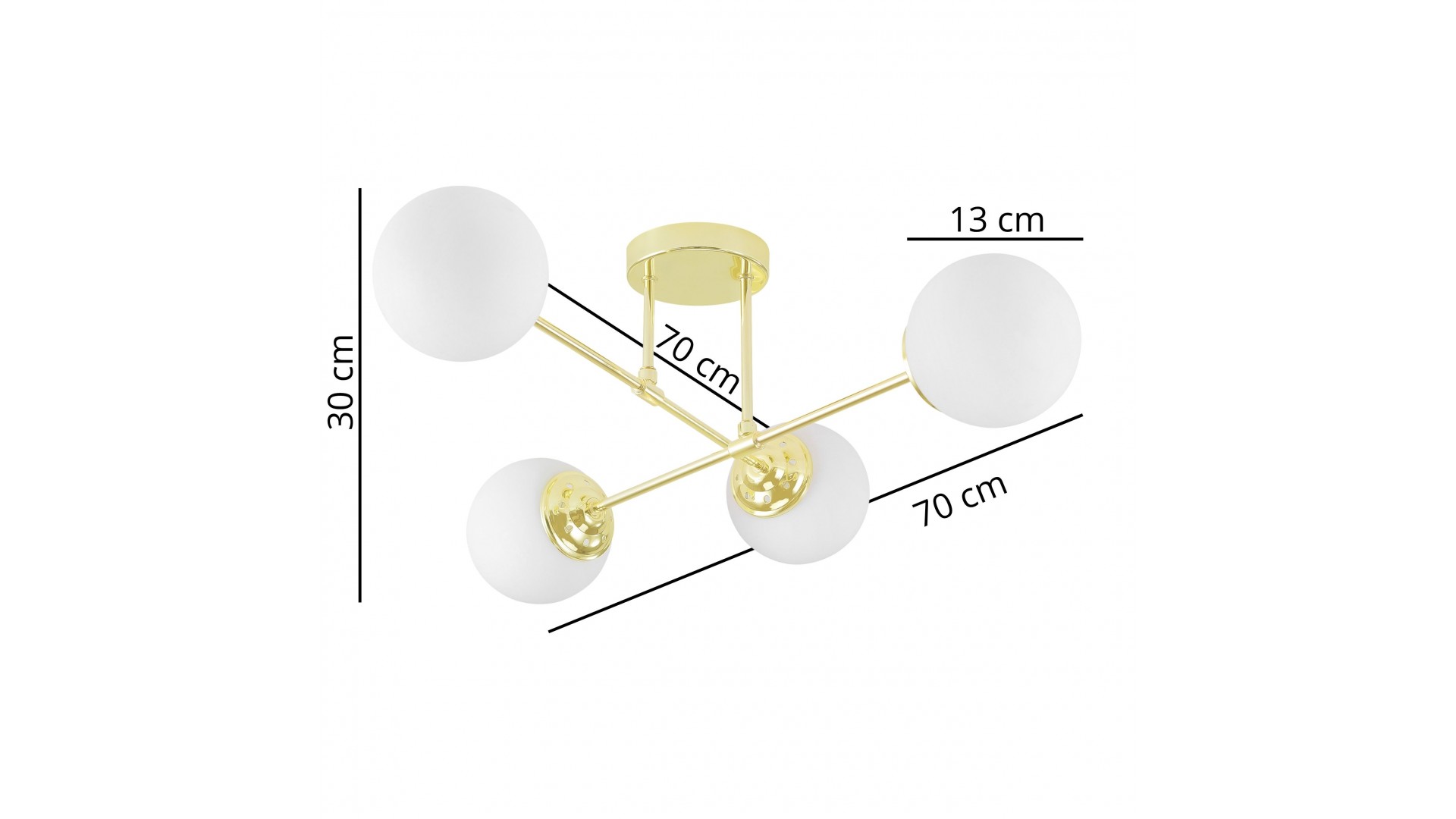 lampa wisząca FINO W4 od Lampit klasyczne złoto cztery mleczne kule szerokość 70 cm wysokość 30 cm średnica klosza 13 cm