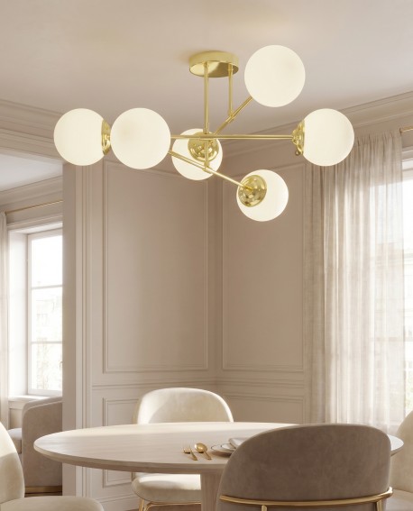 lampa wisząca fino 6 złoto klasyczne białe kule aranżacja salonu