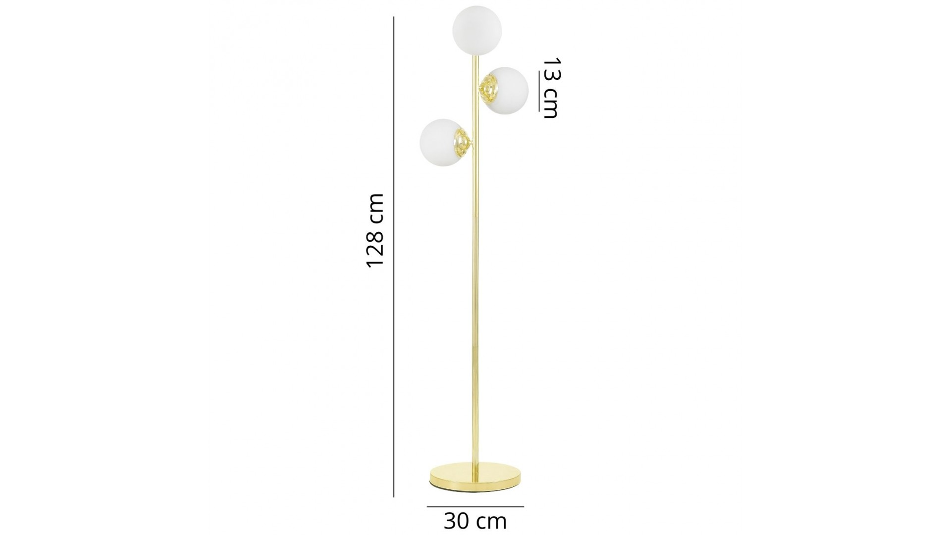 Wymiary lampy stojącej FINO W3 Lampit złotej z białymi mlecznymi kulami