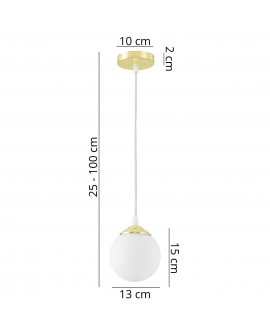 Lampa wisząca Lampit z białą kulą i złotym wykończeniem, regulowana wysokość 25-100 cm, średnica 13 cm