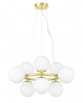 Lampa wisząca z dziewięcioma kulistymi kloszami z mlecznego szkła, zawieszona na złotym stelażu, idealna do nowoczesnych wnętrz