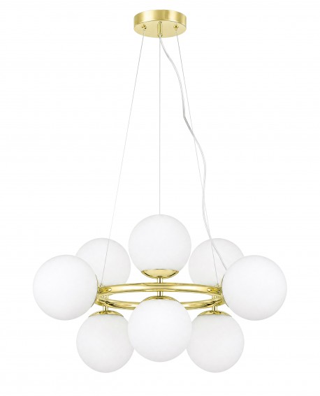 Lampa wisząca z dziewięcioma kulistymi kloszami z mlecznego szkła, zawieszona na złotym stelażu, idealna do nowoczesnych wnętrz