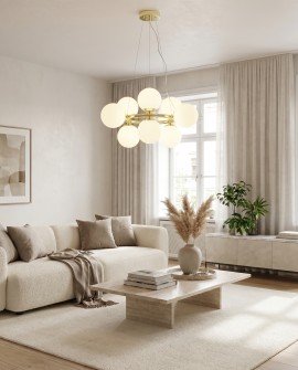 Lampit LEDO W9 nowoczesna lampa wisząca złota z mlecznymi kulami nad sofą w salonie