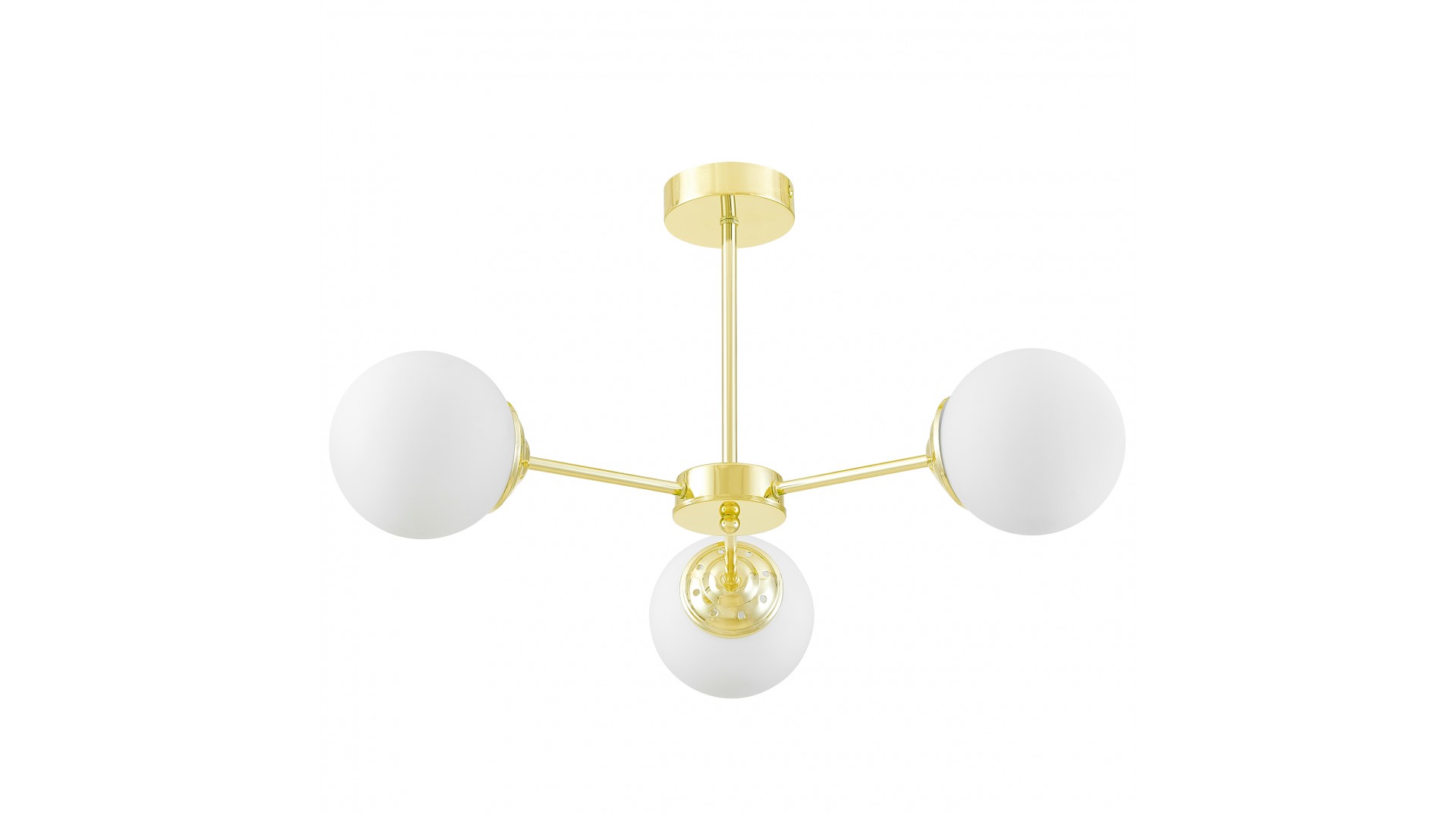 Lampa wisząca z trzema kulistymi kloszami z mlecznego szkła na złotym stelażu, idealna do minimalistycznych wnętrz.
