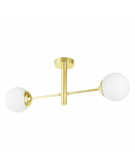 Złota lampa sufitowa z dwoma matowymi kloszami na ramionach tubowych, nowoczesna i minimalistyczna.