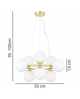 Lampa wisząca z 9 kulistymi kloszami z mlecznego szkła na złotym stelażu, regulowana wysokość 35-100 cm