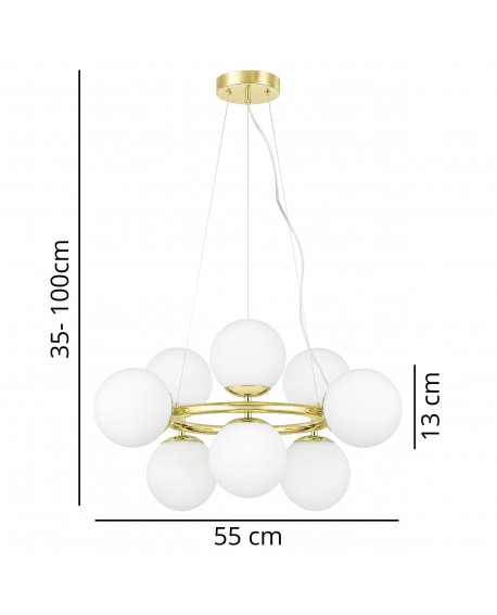 Lampa wisząca z 9 kulistymi kloszami z mlecznego szkła na złotym stelażu, regulowana wysokość 35-100 cm