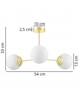 Lampa z trzema białymi kulistymi kloszami na złotym stelażu, idealna do eleganckich wnętrz