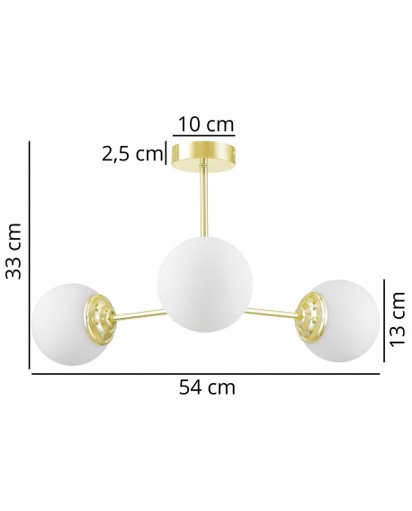 Lampa z trzema białymi kulistymi kloszami na złotym stelażu, idealna do eleganckich wnętrz