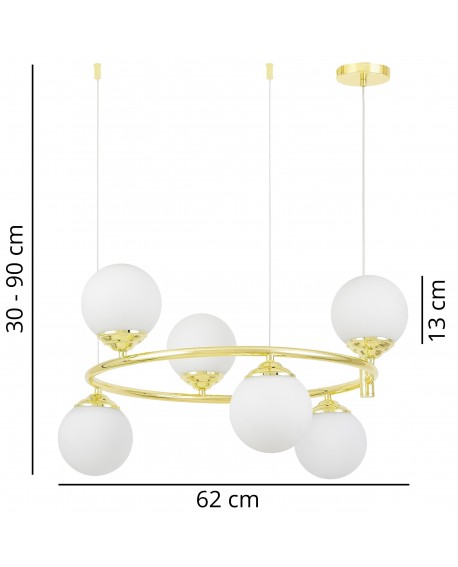 Lampa wisząca RING W6 z wymiarami pierścienia i klosza