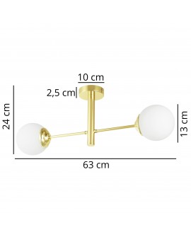 Nowoczesna sufitowa lampa z dwoma mlecznymi kulami, złota konstrukcja, długość 63 cm i wysokość 24 cm
