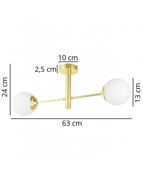 Nowoczesna sufitowa lampa z dwoma mlecznymi kulami, złota konstrukcja, długość 63 cm i wysokość 24 cm